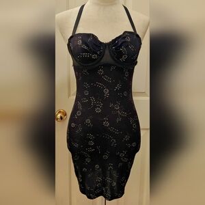 Vintage Frederick's of Hollywood Black  w Metallic Silver Floral Bodycon Dress.